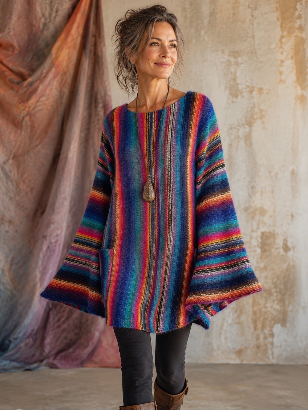 Vintage Rainbow Mohair Bell Sleeve Sweater Tunic Festival Art Knit